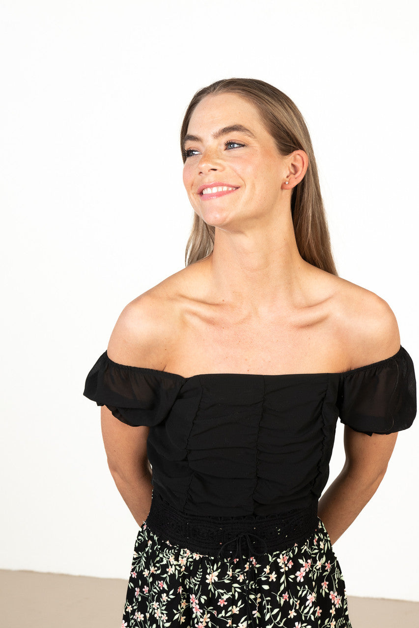 Ruched Front Black Chiffon Crop