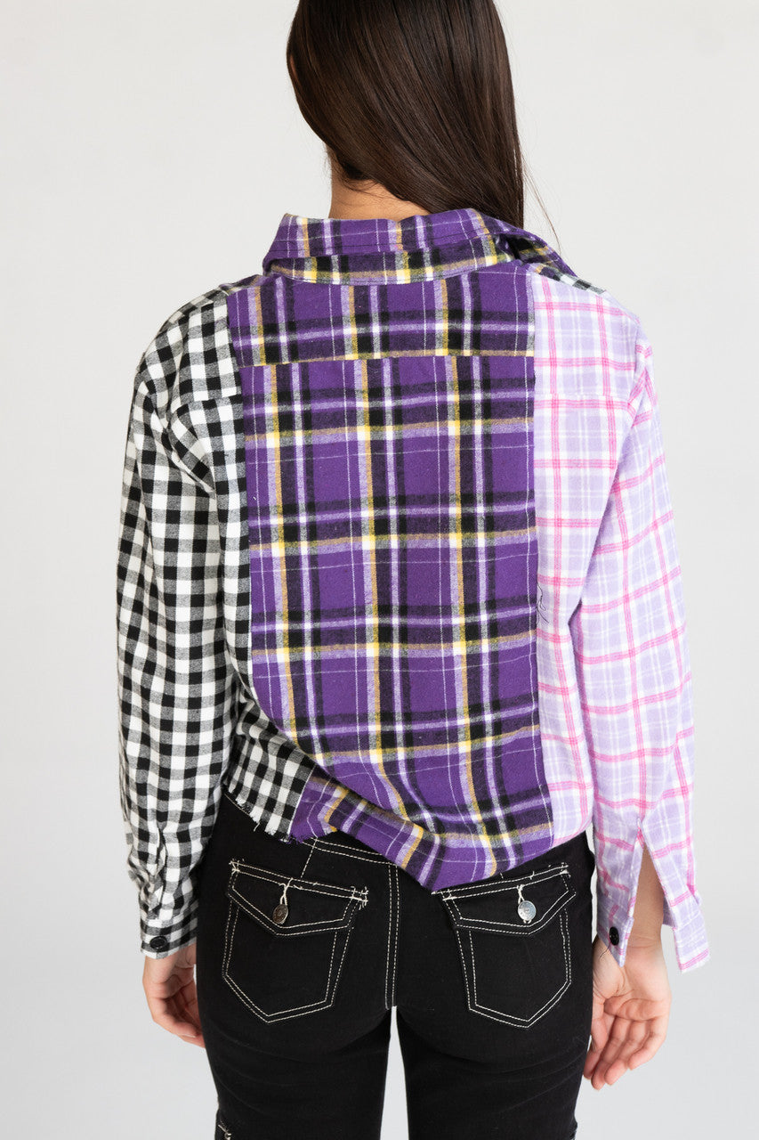 Cropped Patchwork Plaid Flannel Shirt