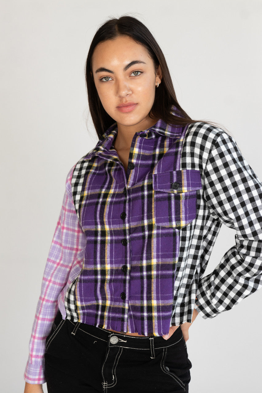 Cropped Patchwork Plaid Flannel Shirt