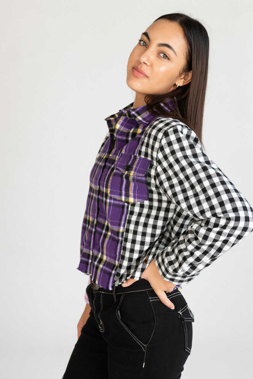 Cropped Patchwork Plaid Flannel Shirt