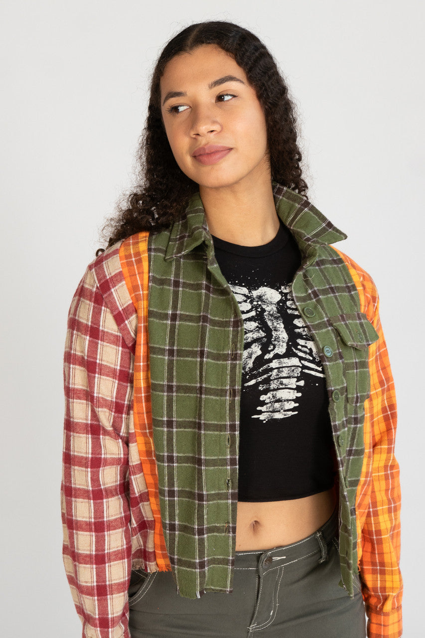 Cropped Patchwork Plaid Flannel Shirt