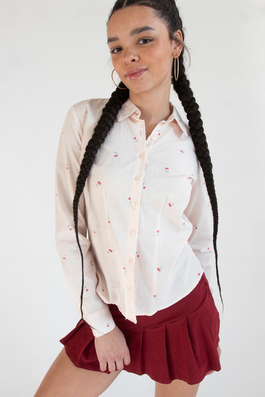 Cherry Print Long Sleeve Button Up Shirt