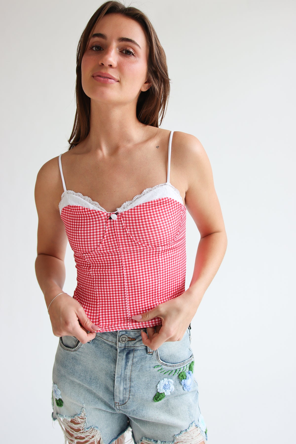 Red Gingham Rosebud Tank
