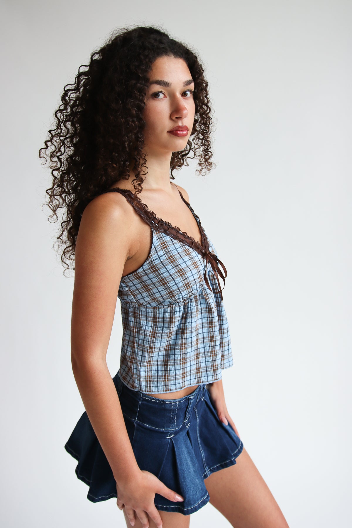 Plaid Cami With Lace Trim Blue