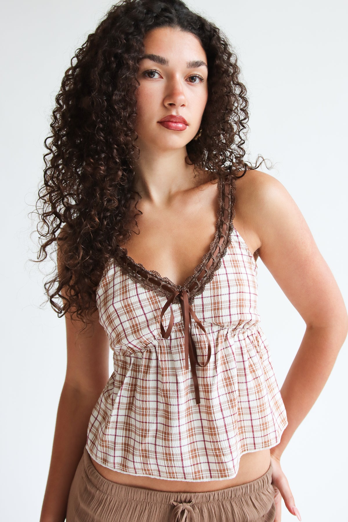 Plaid Cami With Lace Trim Brown