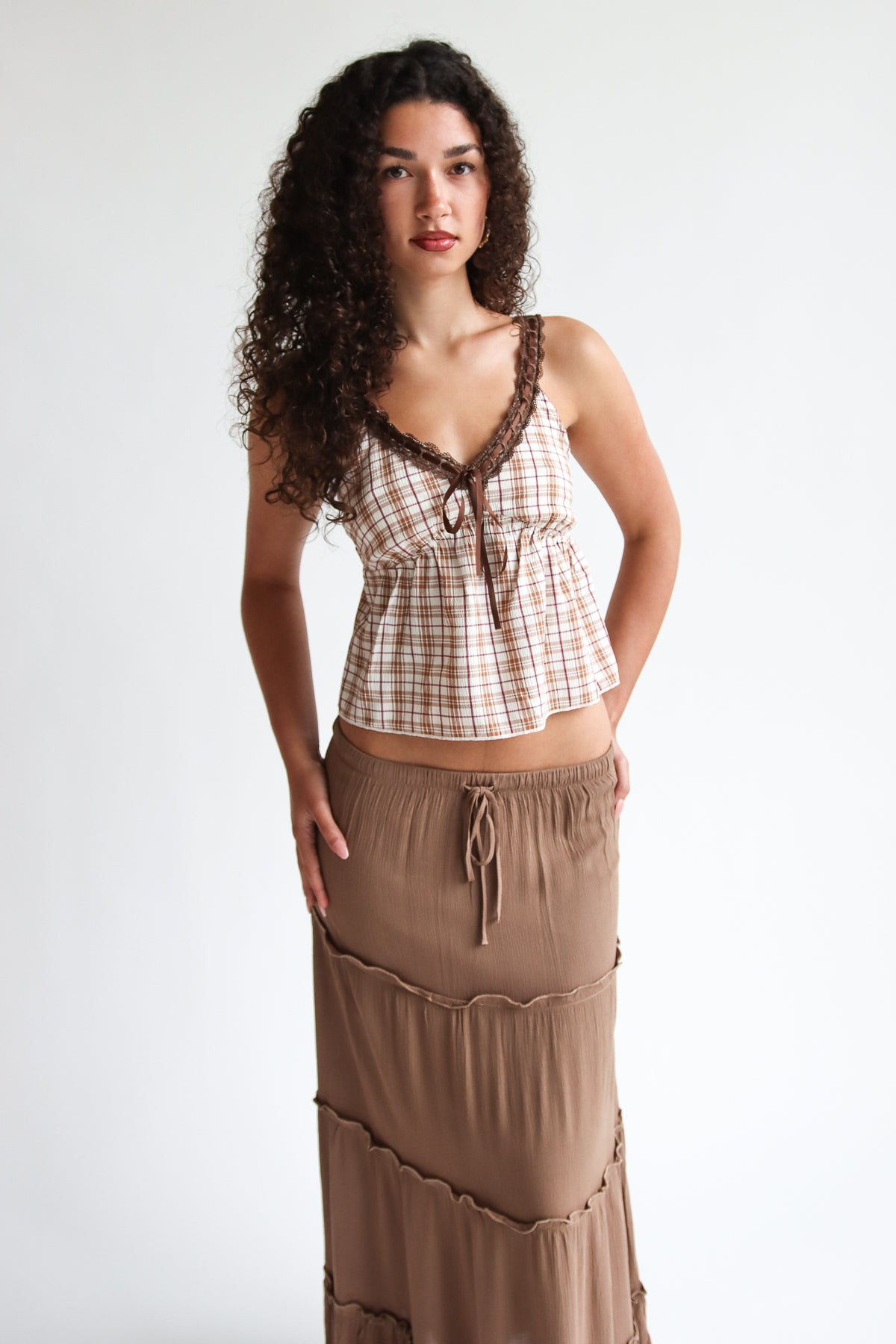 Plaid Cami With Lace Trim Brown