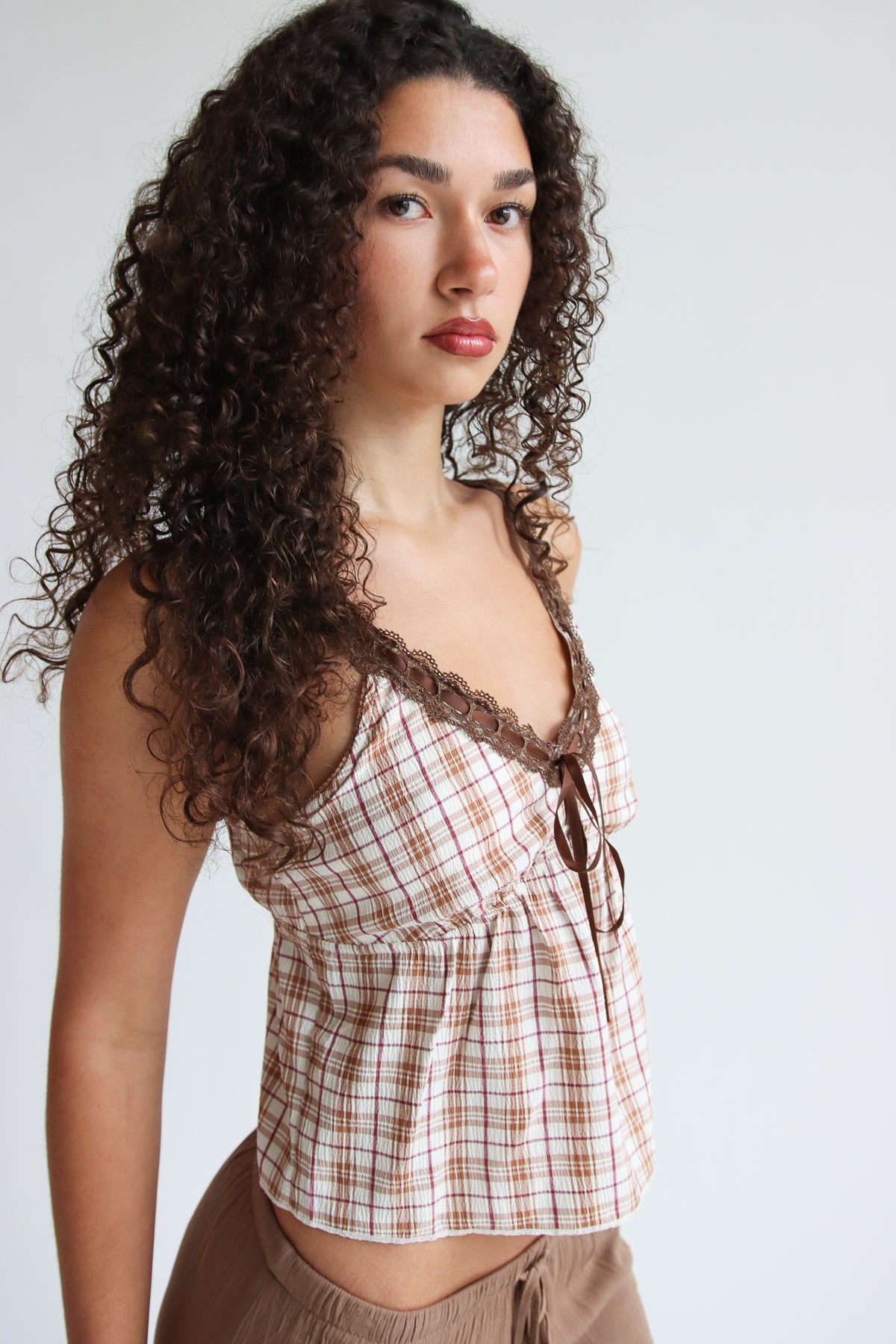 Plaid Cami With Lace Trim Brown