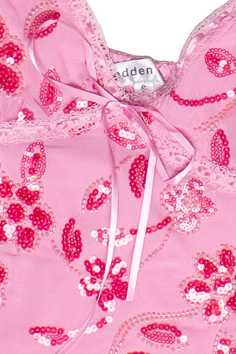 Flower Sequin Beaded Babydoll Top - Pink