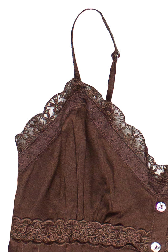 Pin Tuck Lace Trim Sleeveless Top - Brown