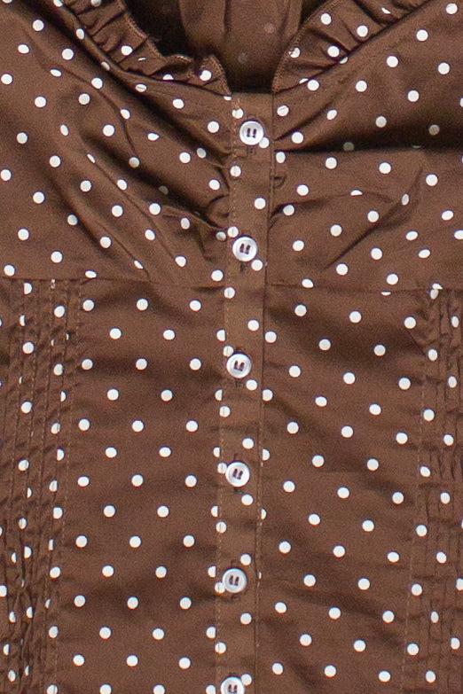 Polka Dot Ruffle Pin Tuck Top - Brown