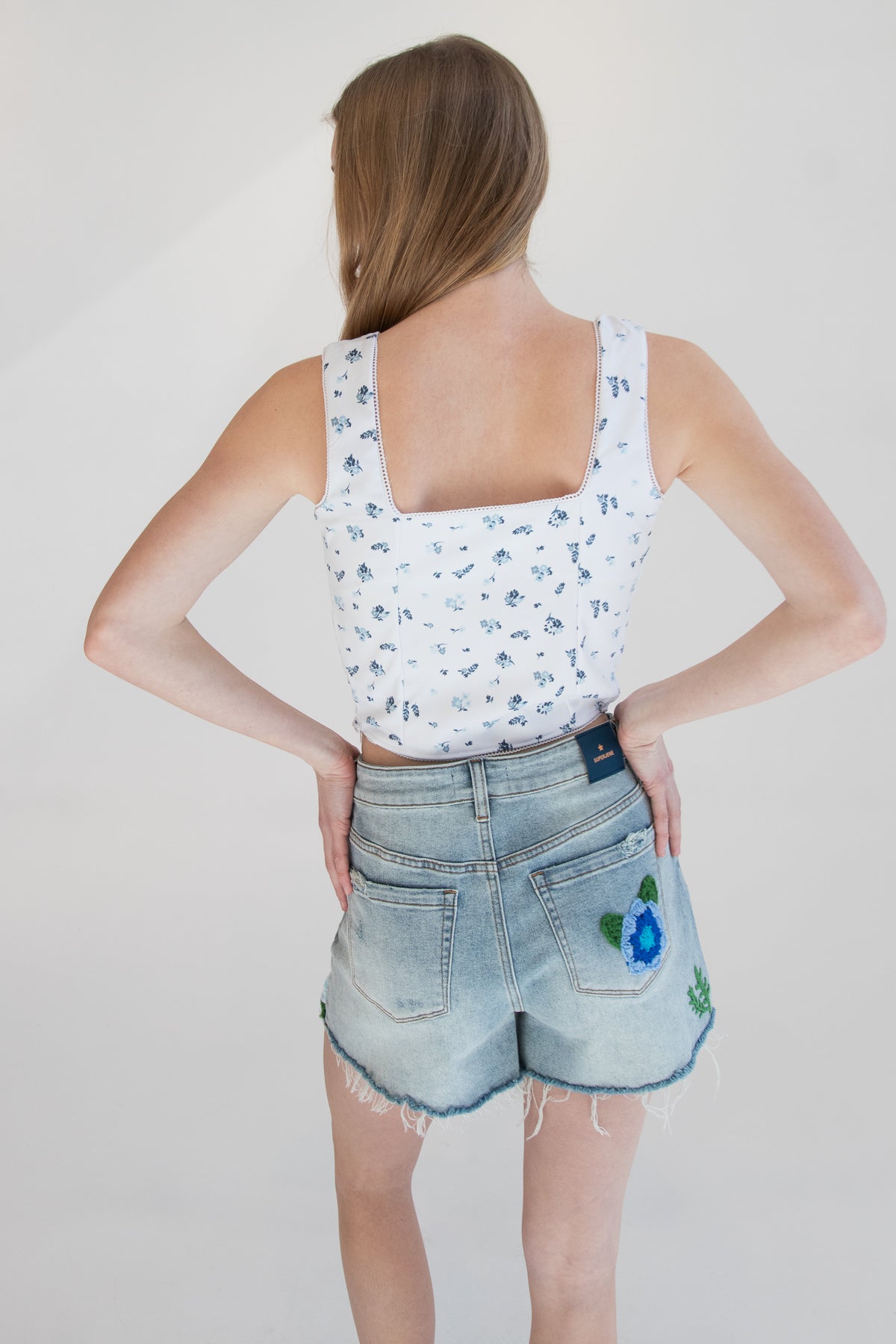 Patterned Picot Trim Bodice Tank Blue Floral