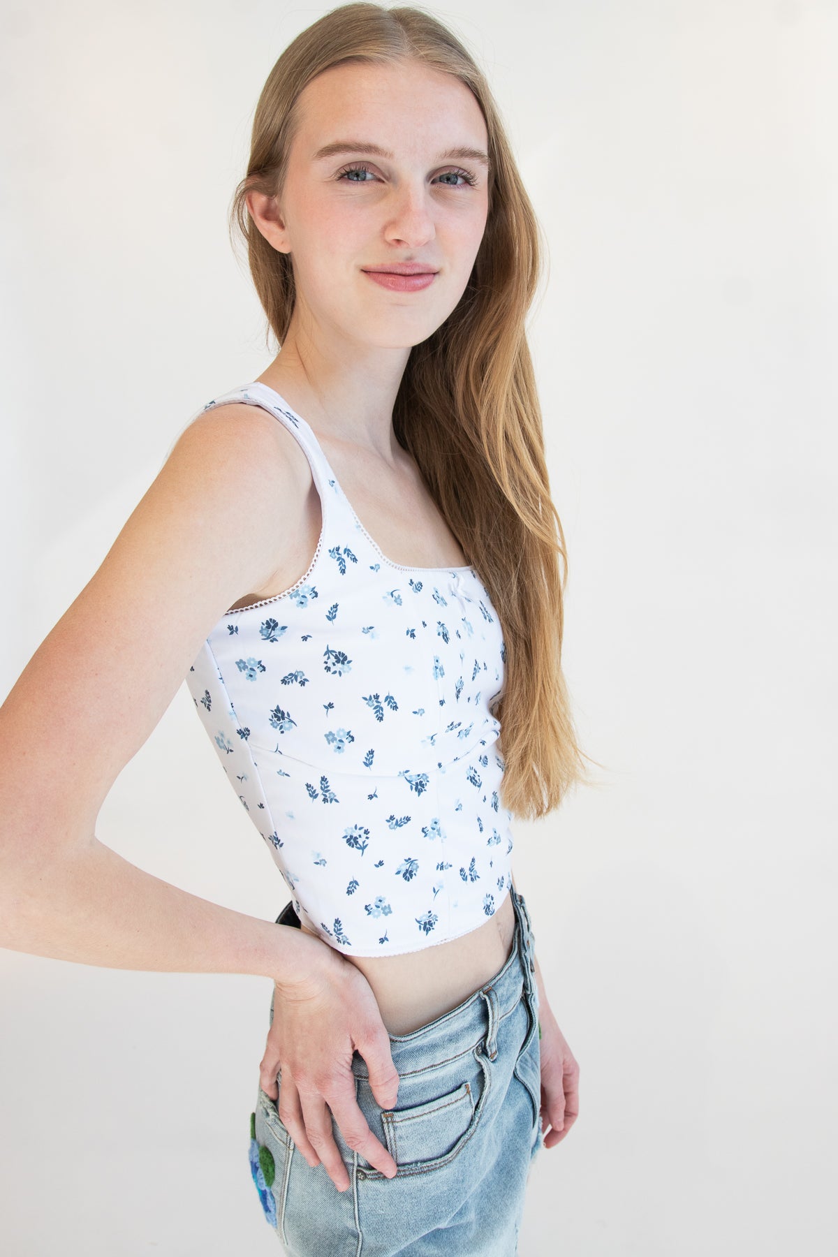 Patterned Picot Trim Bodice Tank Blue Floral