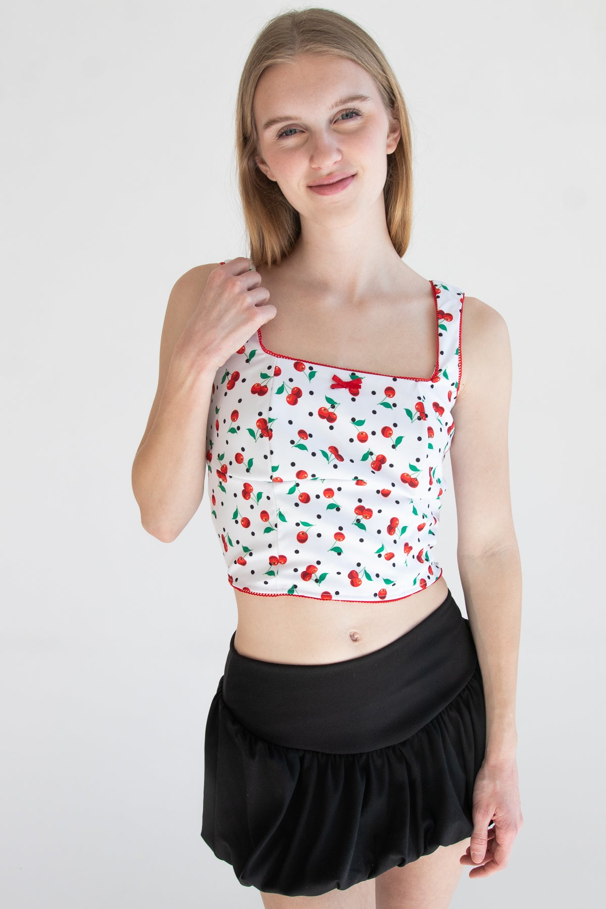 Patterned Picot Trim Bodice Tank Red Cherry