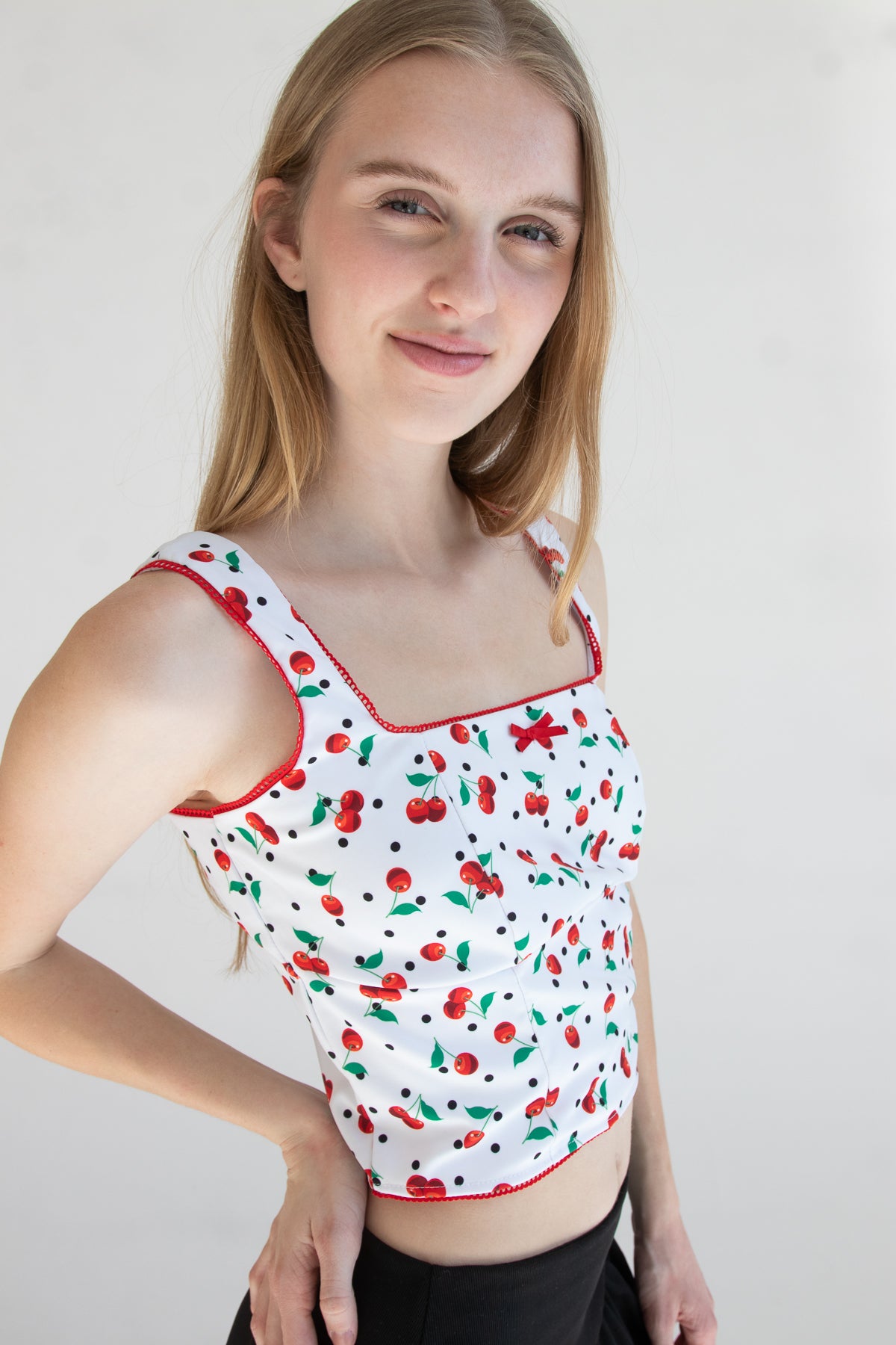 Patterned Picot Trim Bodice Tank Red Cherry