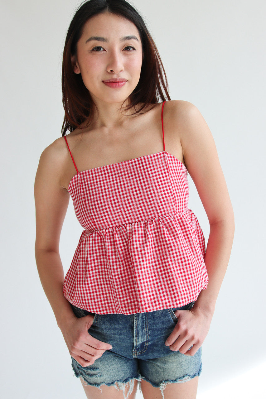 Gingham Peplum Bubble Hem Tank Top