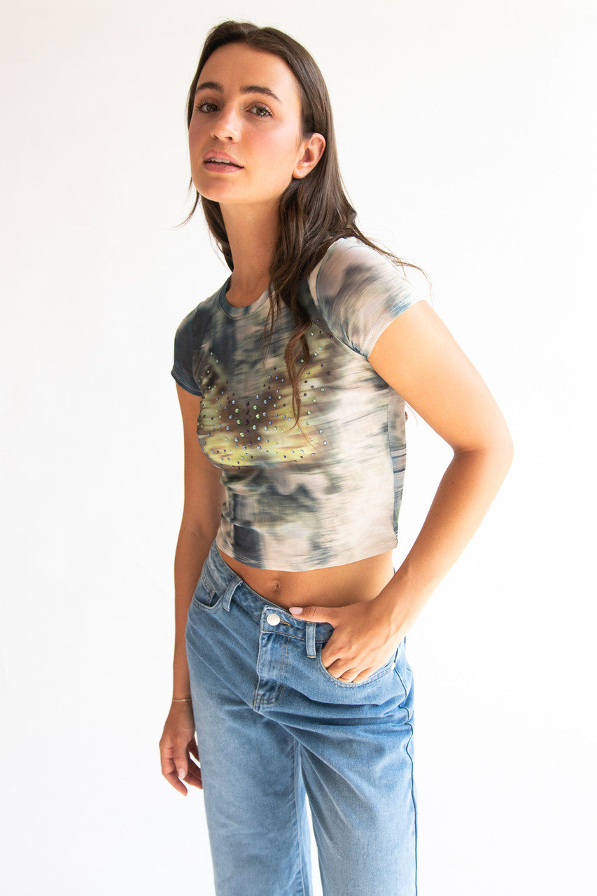 Mesh Rhinestone Butterfly Tee