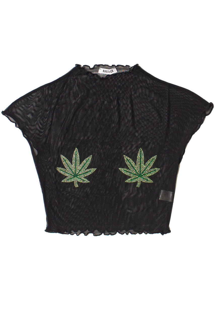 Rhinestone Pot Leaf Mesh Tee
