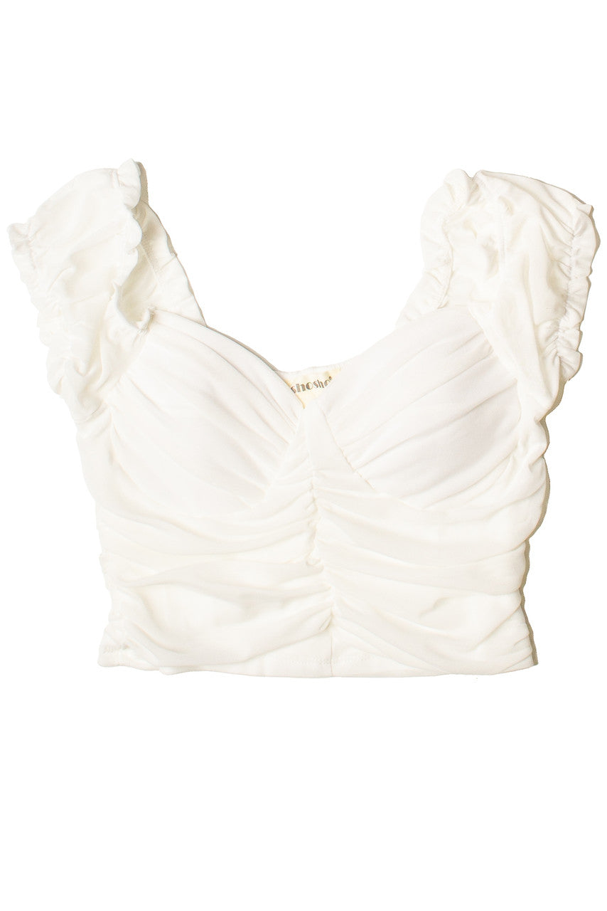 Ruched Front Puff Sleeve Mesh Top