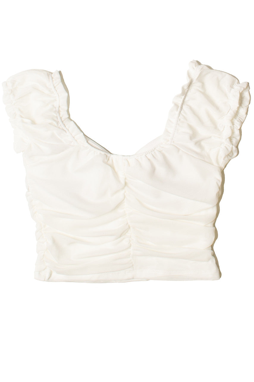 Ruched Front Puff Sleeve Mesh Top