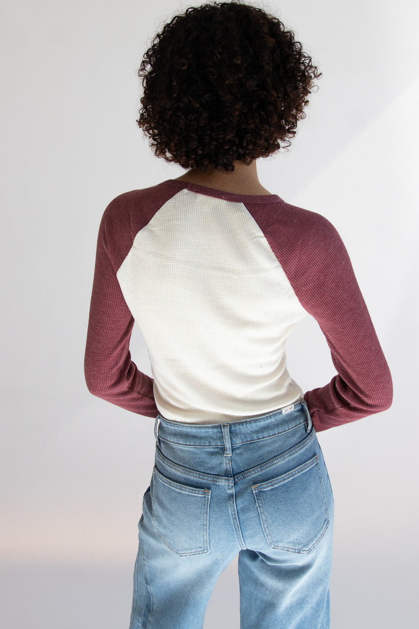 Cherry Waffle Weave Long Sleeve Baseball Tee