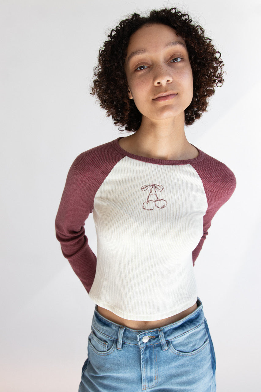 Cherry Waffle Weave Long Sleeve Baseball Tee