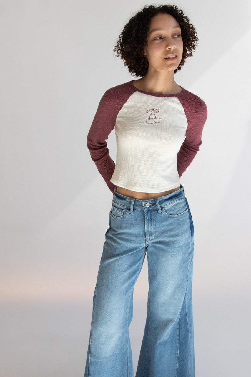Cherry Waffle Weave Long Sleeve Baseball Tee