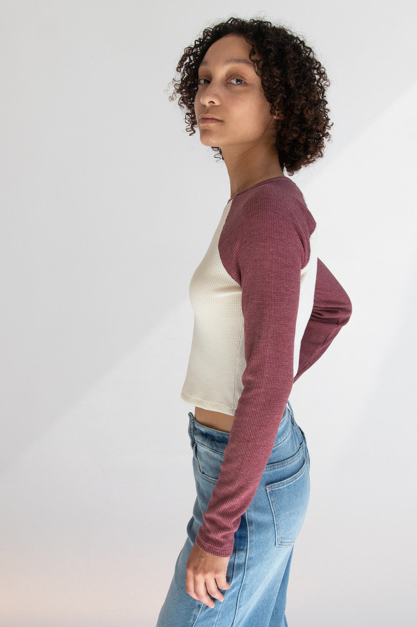 Cherry Waffle Weave Long Sleeve Baseball Tee