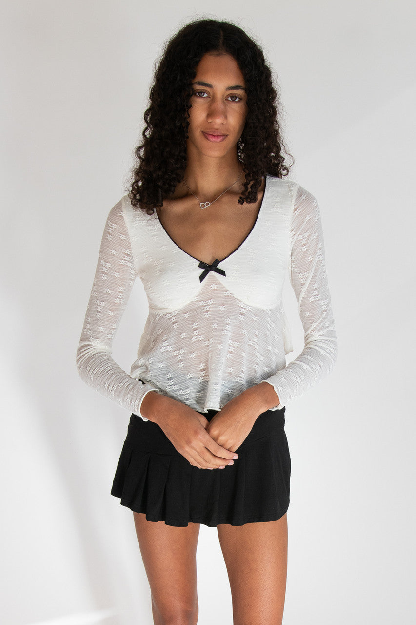 Curved Hem Lace Long Sleeve Bow Top