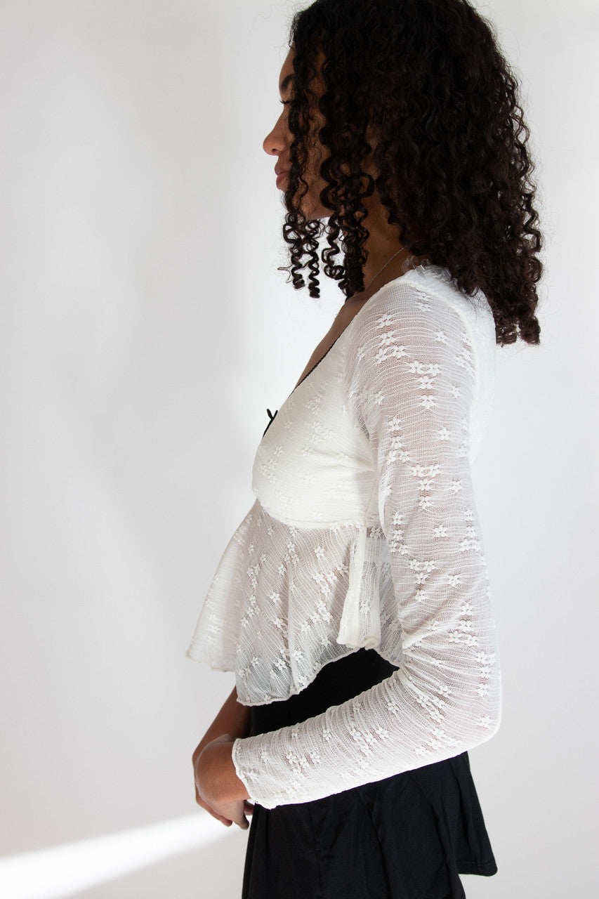 Curved Hem Lace Long Sleeve Bow Top