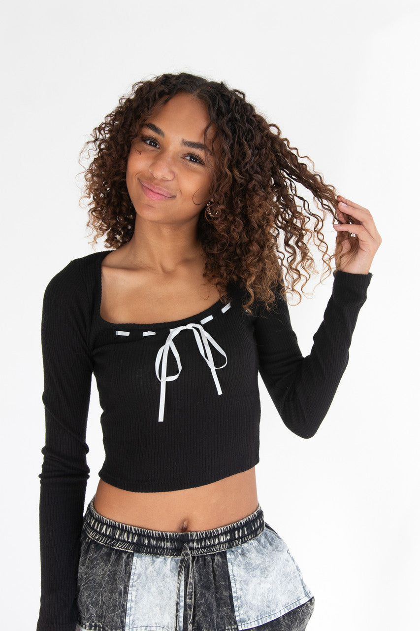 Long Sleeve Ribbon Bow Top