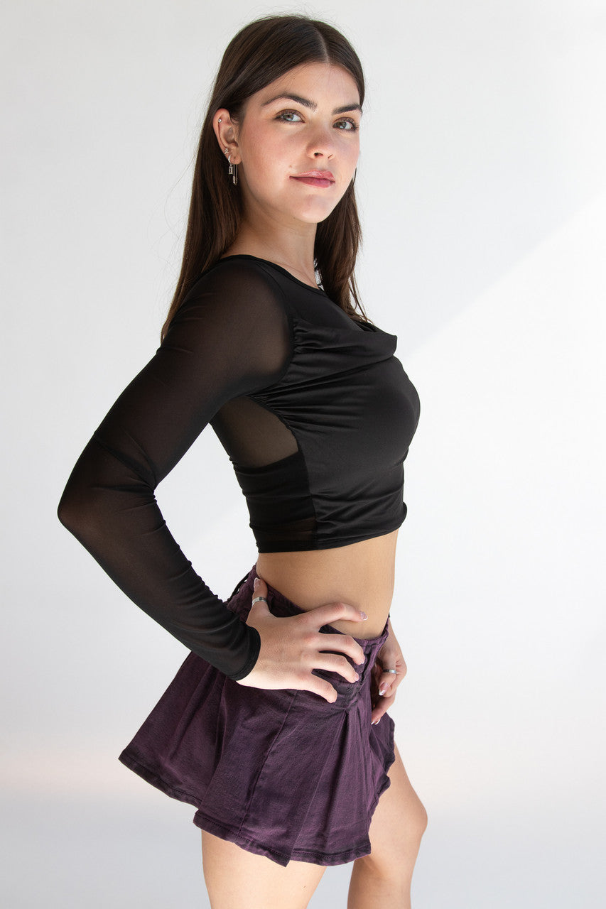 Mesh Long Sleeve Top With Cowl Overlay