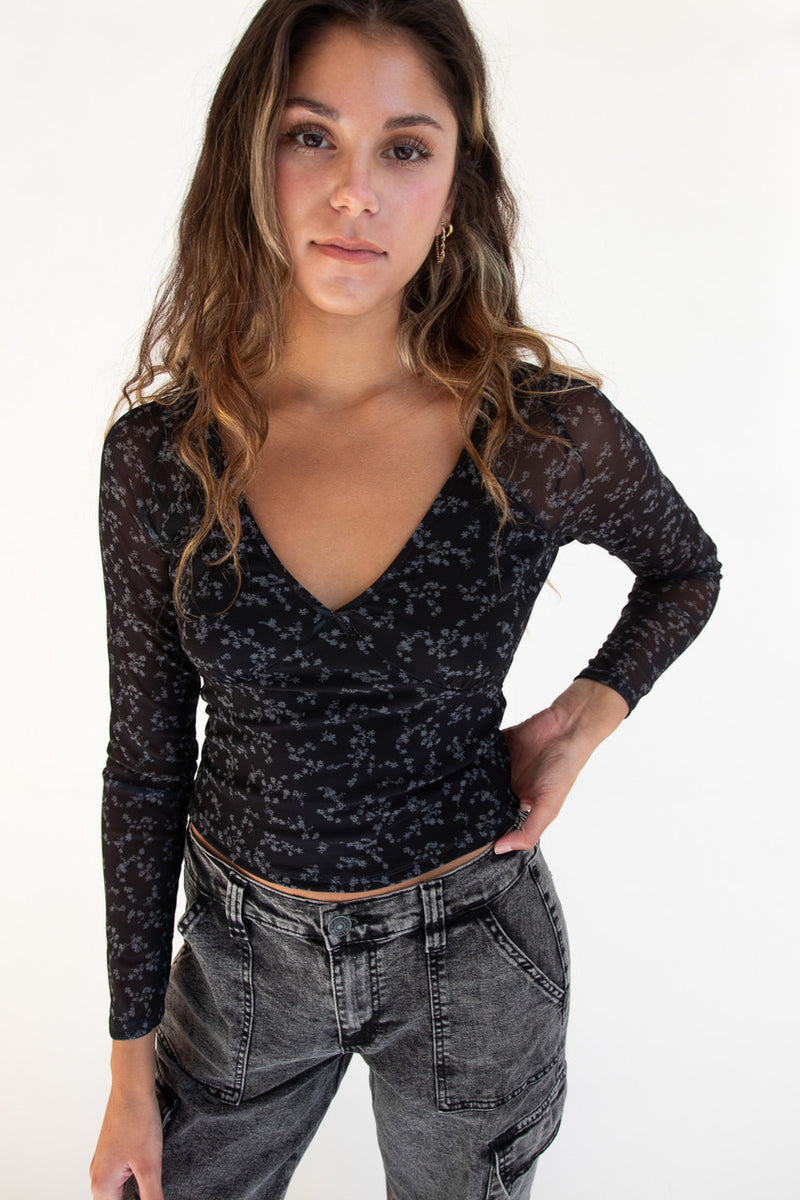 FLORAL MESH TOP WITH FRONT TIE