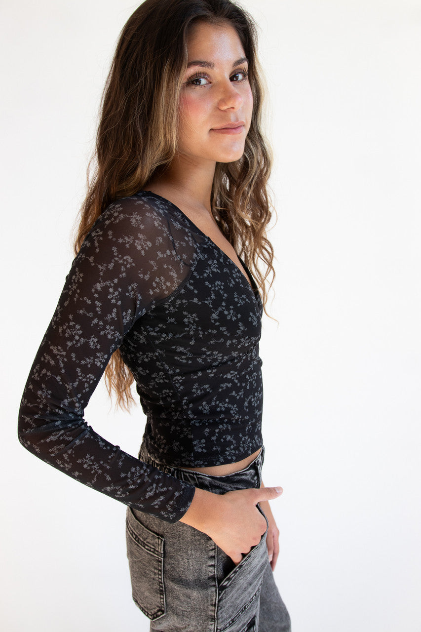 Long Sleeve Floral Mesh Top