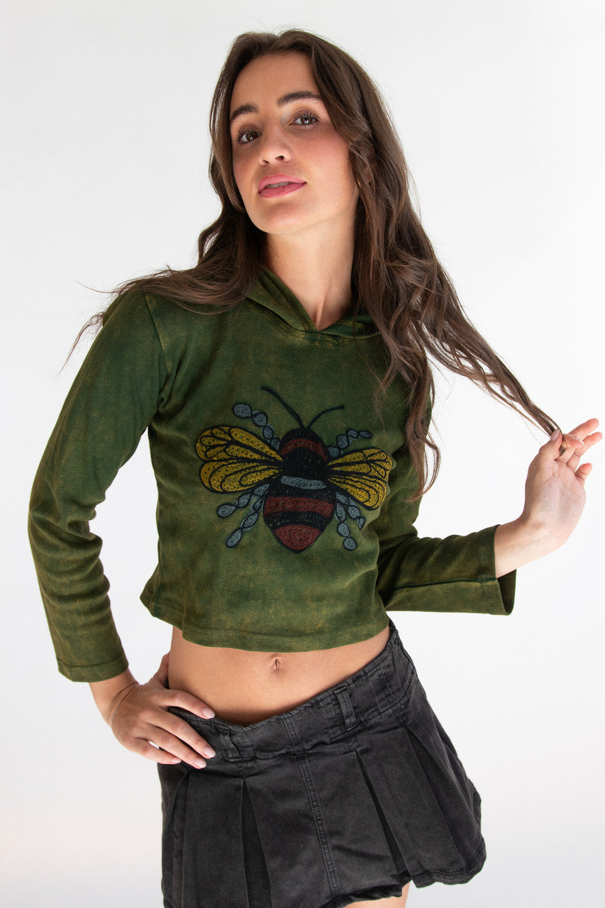 Embroidered Bee Mineral Wash Crop Hoodie