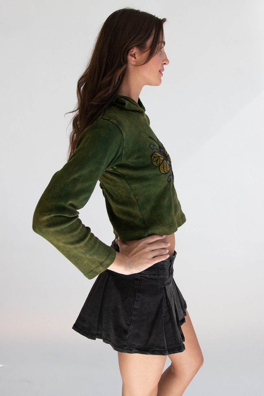 Embroidered Bee Mineral Wash Crop Hoodie