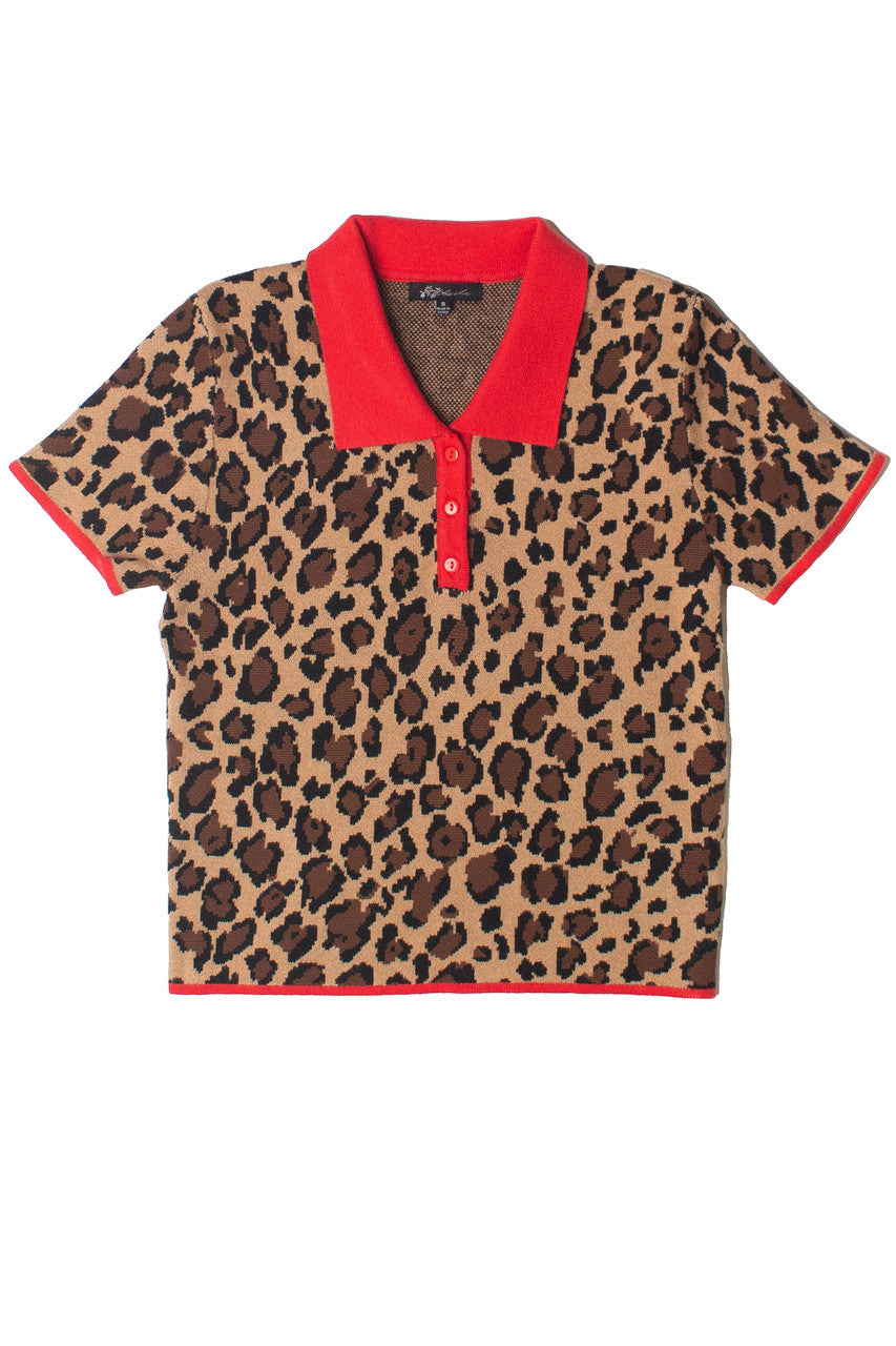 Red Trim Leopard Print Knit Polo