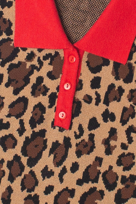 Red Trim Leopard Print Knit Polo