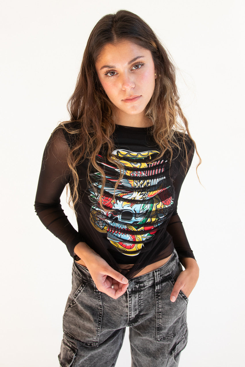 Distressed Skull Mesh Long Sleeve Top