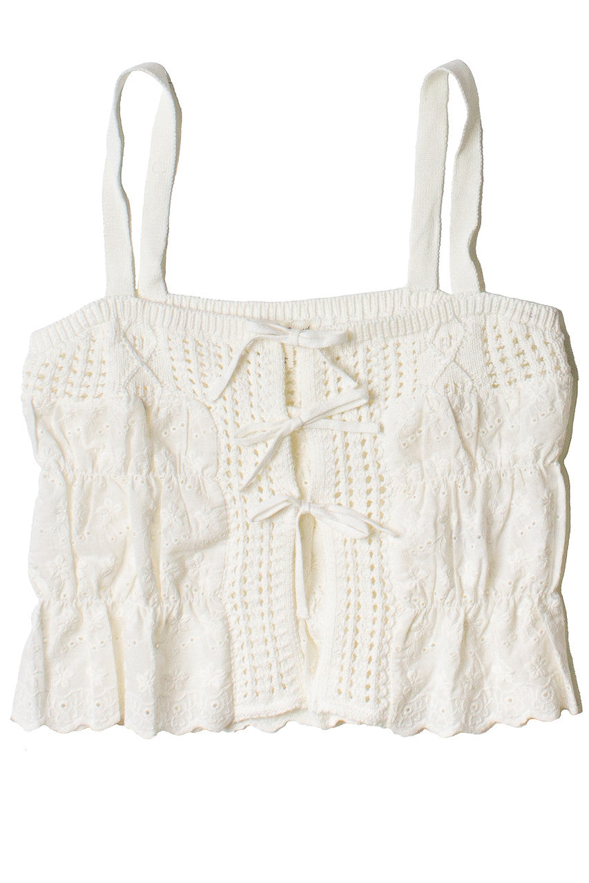 Knit & Floral Eyelet Tie Front Tank Top
