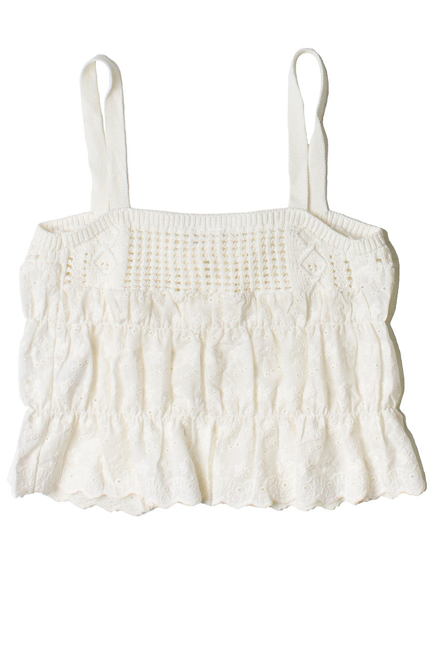 Knit & Floral Eyelet Tie Front Tank Top