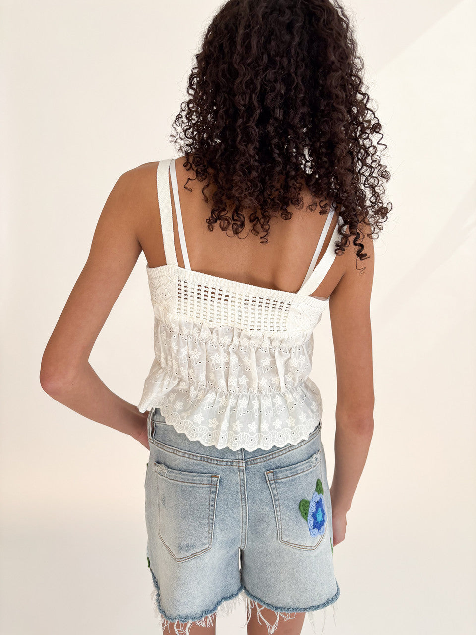Knit & Floral Eyelet Tie Front Tank Top