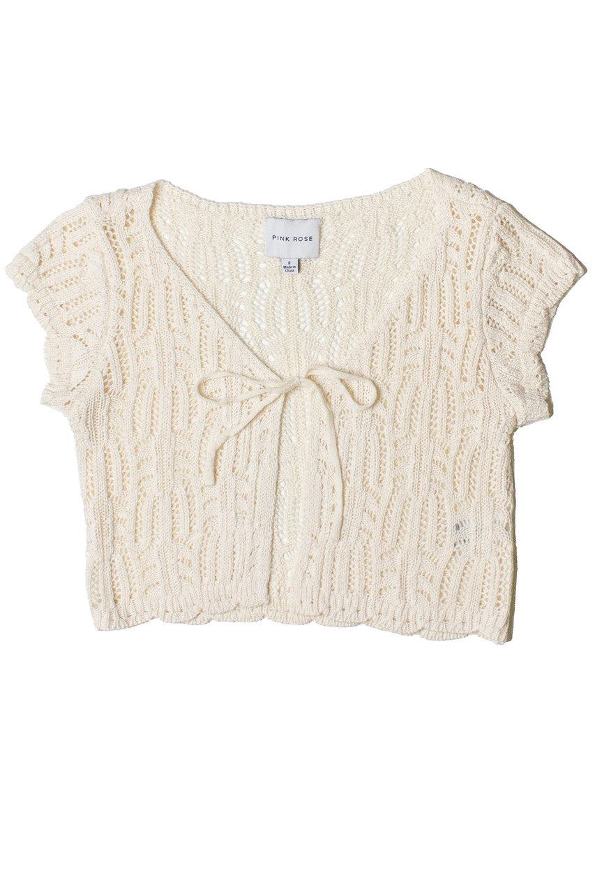 Short Sleeve Tie Front Lacy Knit Cardigan