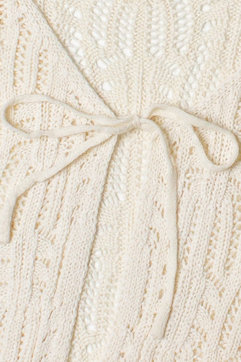 Short Sleeve Tie Front Lacy Knit Cardigan