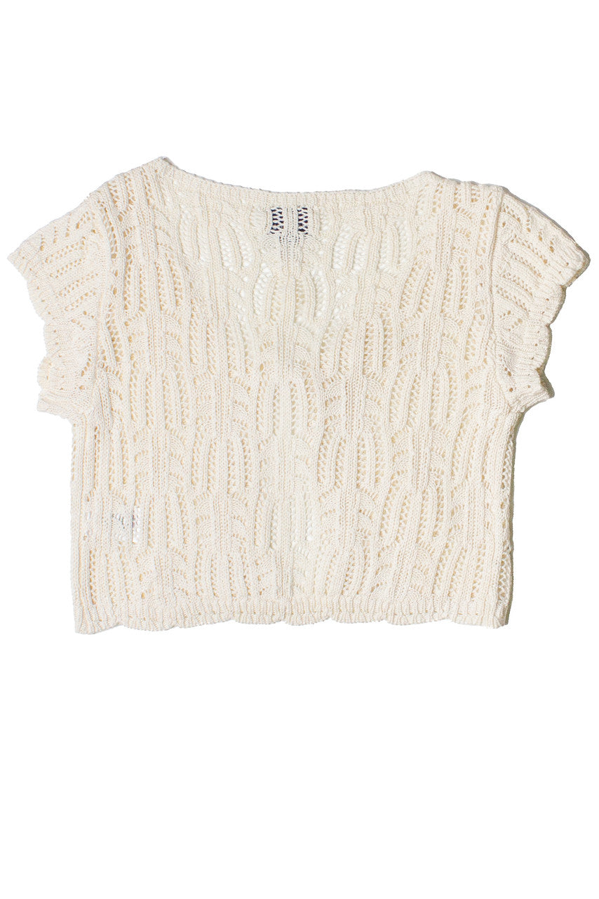 Short Sleeve Tie Front Lacy Knit Cardigan