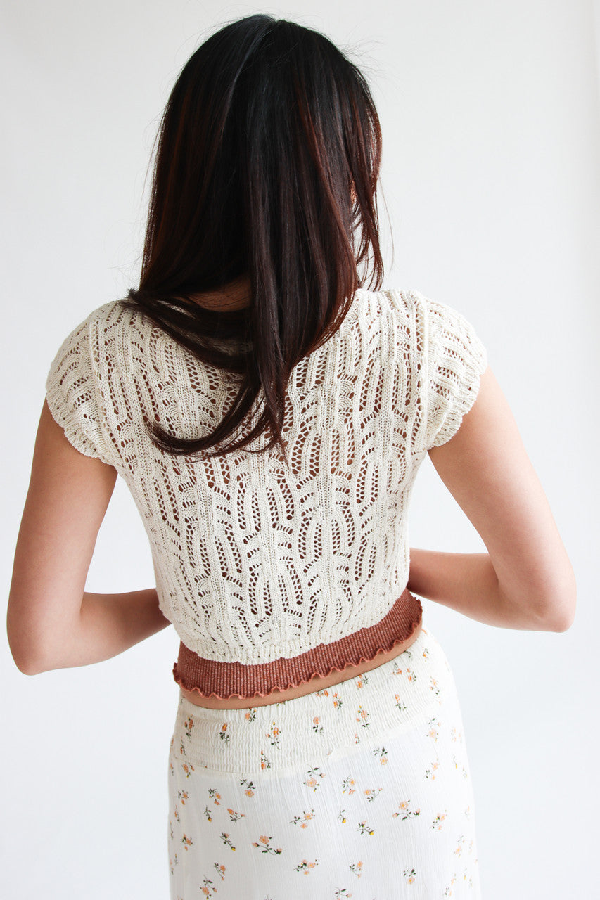 Short Sleeve Tie Front Lacy Knit Cardigan