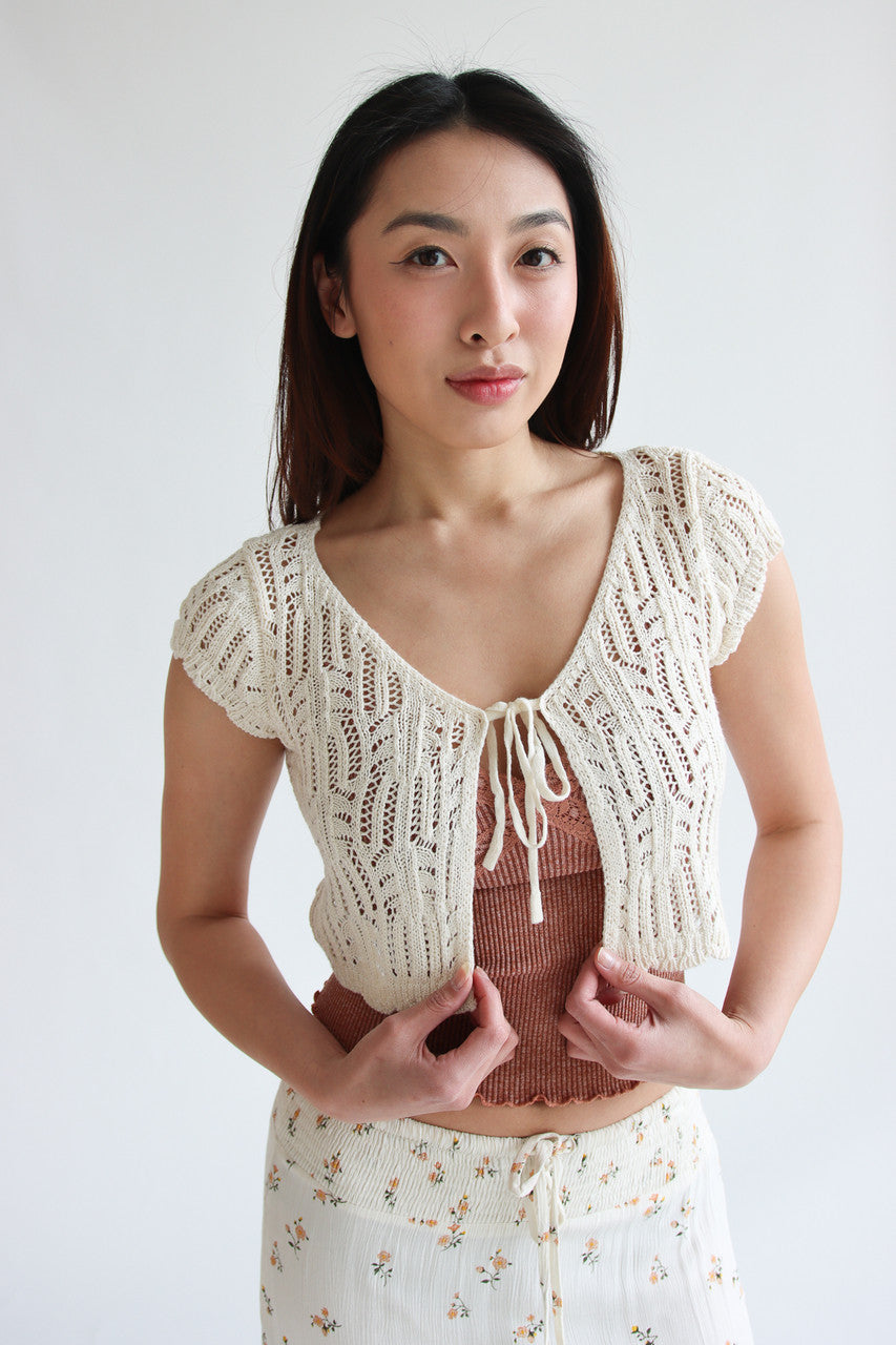 Short Sleeve Tie Front Lacy Knit Cardigan