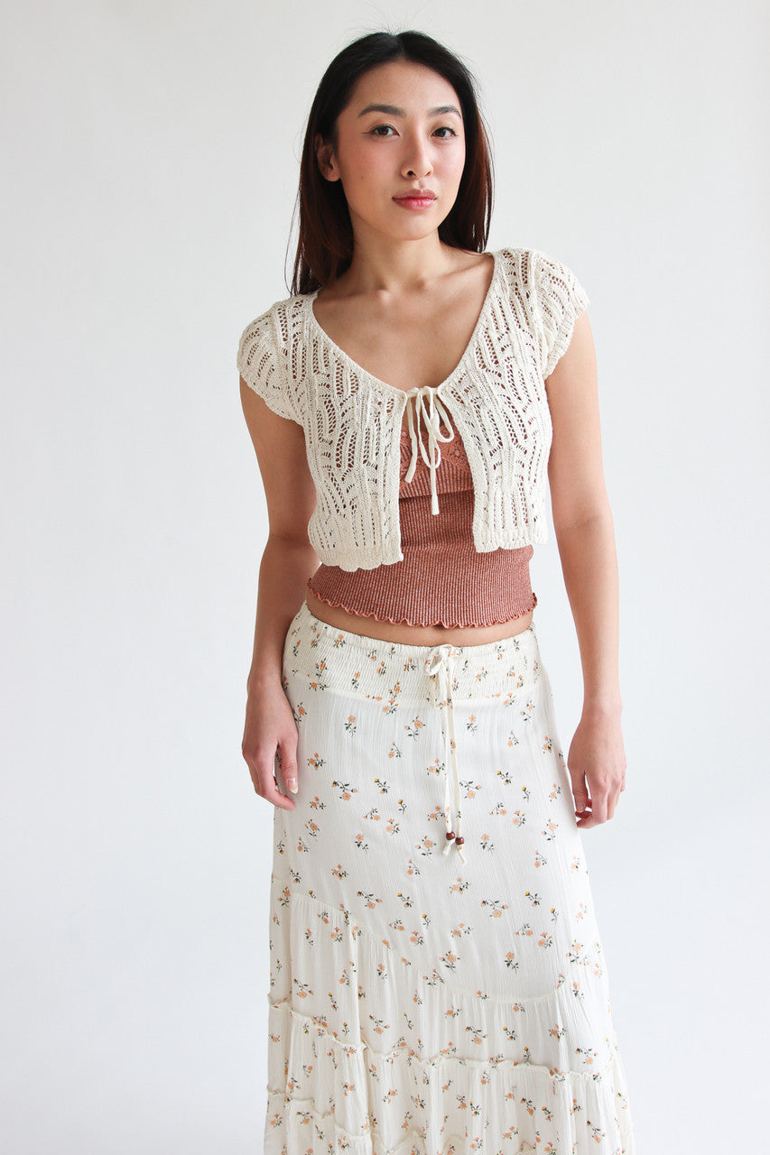 Short Sleeve Tie Front Lacy Knit Cardigan