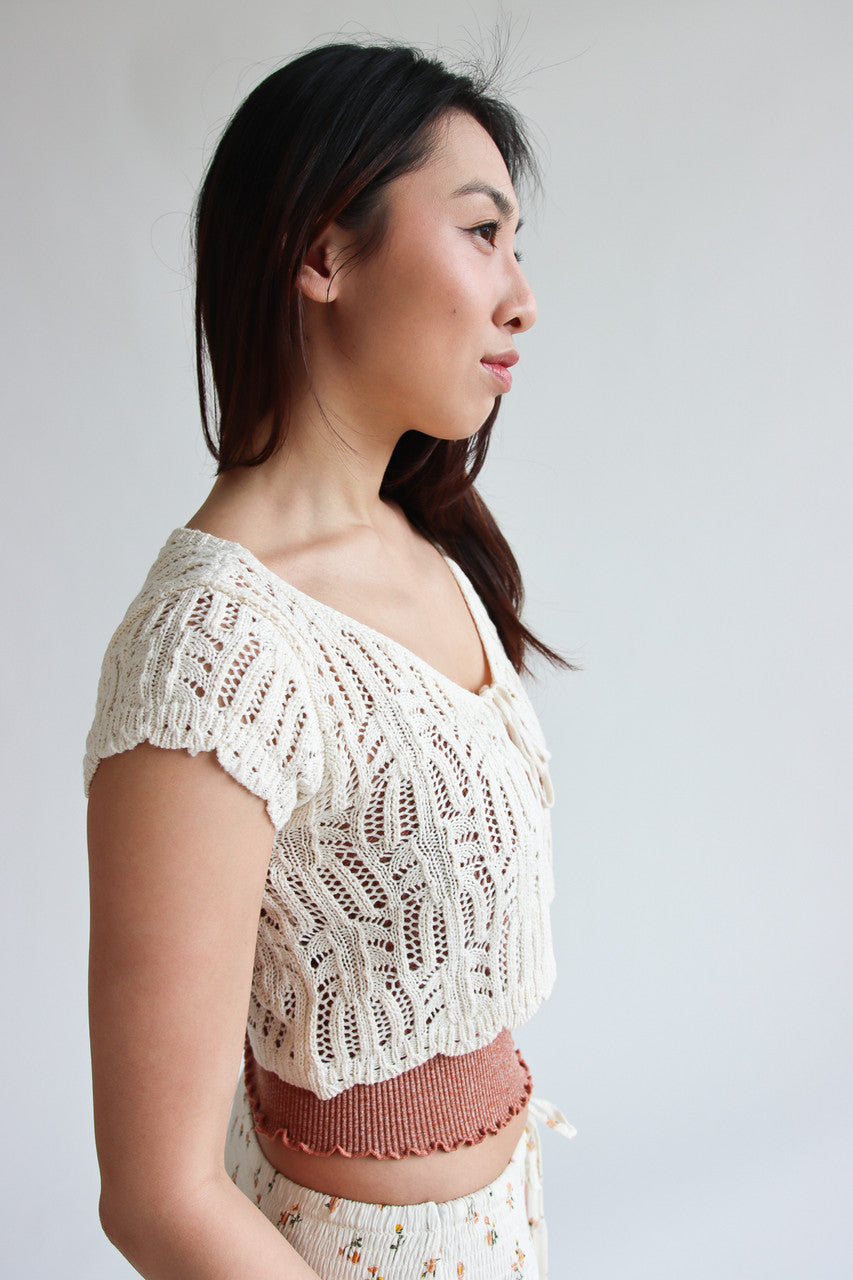 Short Sleeve Tie Front Lacy Knit Cardigan