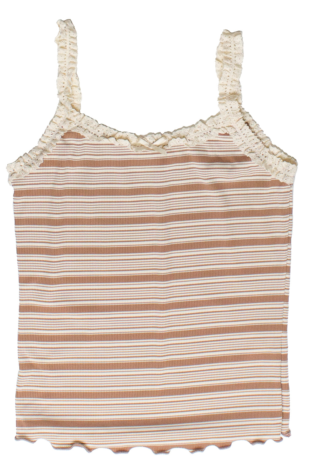 Striped Ribbed Lace Trim Tank Top - Fawn