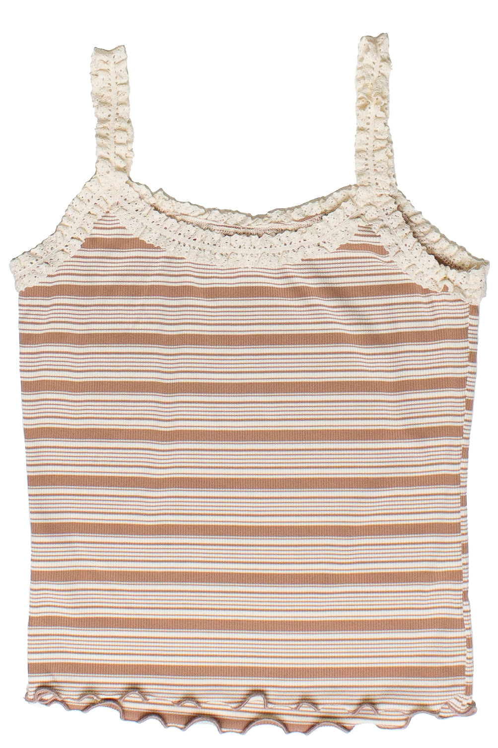 Striped Ribbed Lace Trim Tank Top - Fawn
